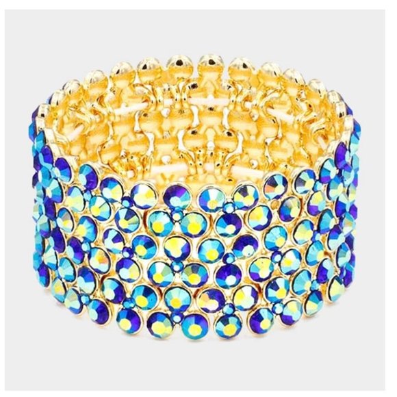 Blue crystal cuff bracelet crystal aqua rhinestone cuff wide iridescent peacock - Picture 2 of 2